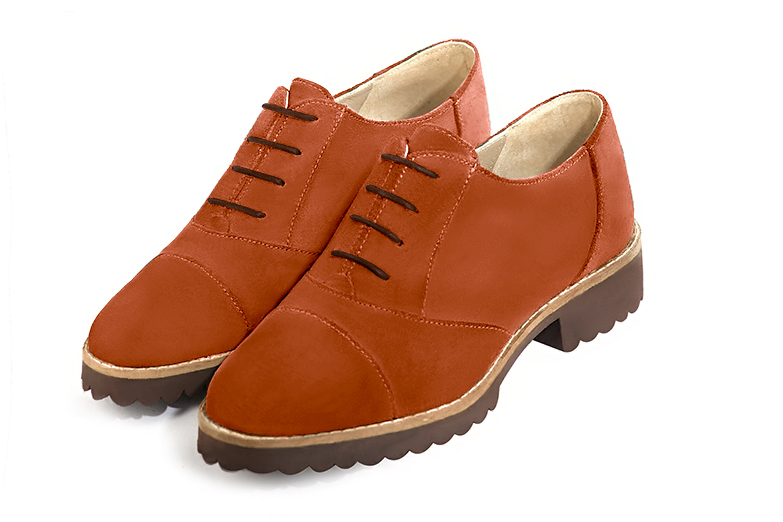 Terracotta orange women's casual lace-up shoes. Round toe. Flat rubber soles. Front view - Florence KOOIJMAN